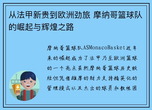 从法甲新贵到欧洲劲旅 摩纳哥篮球队的崛起与辉煌之路