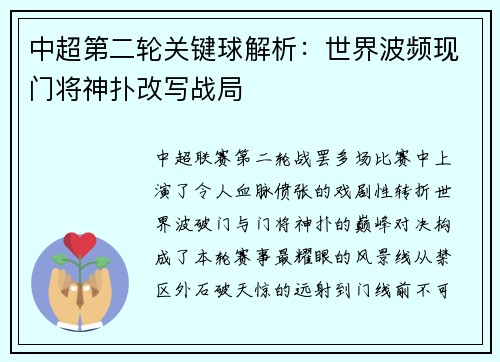 中超第二轮关键球解析：世界波频现门将神扑改写战局
