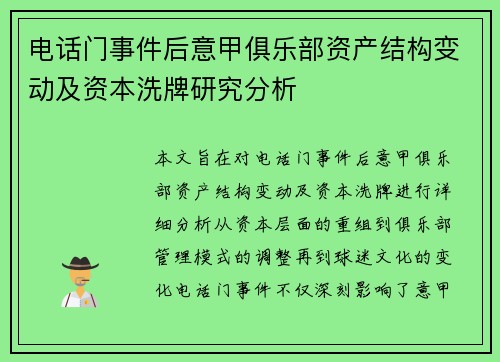 电话门事件后意甲俱乐部资产结构变动及资本洗牌研究分析